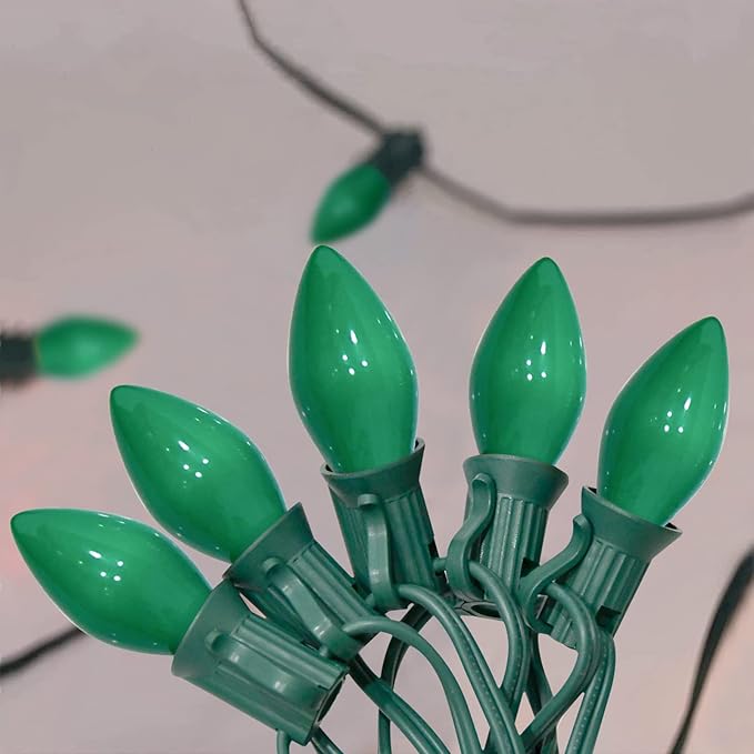 SUNSGNE C7 Ceramic Green Replacement Bulbs, 25 Pack St. Patrick's Day Light Bulb Night Light Candle Bulb, Outdoor String Light Bulbs for St. Patrick's Day Patio Christmas Decor, C7/E12 Base-5 Watt