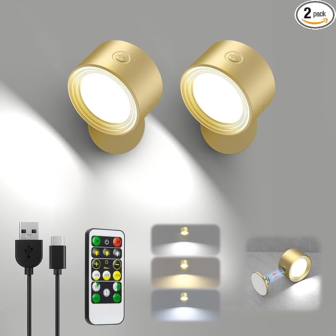 LED Wall Lights, Wall Lamp 3 Color Temperatures & Dimmable Magnetic 360° Rotation with Remote, Wall Sconces 2 Pcs with 3000mAh Rechargeable Battery, Cordless Wall Light for Reading Bedside Hallway