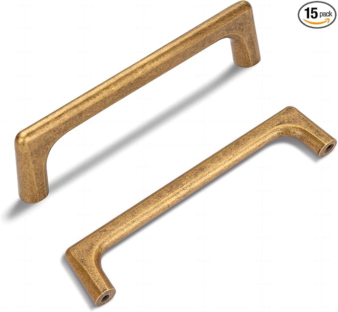 15 Pack 5 Inch(128mm) Hole Center Modern Antique Brass Cabinet Pull Handle Timeless Vanity Drawer Pull Handle Classic Cabinet Hardware for Kitchen Dresser Bathroom, Screws Included, A-Brass(5x15)