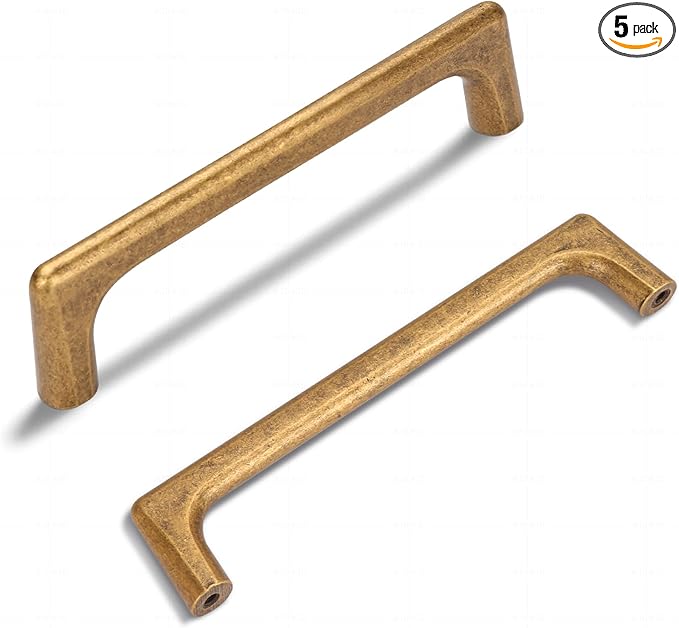 5 Pack 5 Inch(128mm) Hole Center Modern Antique Brass Cabinet Pull Handle Timeless Vanity Drawer Pull Handle Classic Cabinet Hardware for Kitchen Dresser Bathroom, Screws Included, A-Brass(5x5)