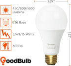 GoodBulb LED A21 3-Way Light Bulbs 5/9.5/16 Watt (40/60/120 Watt Equivalent) E26 Base Daylight 5000K EcoSmart Lights High Output 450/800/1600 Lumens 2 Pack