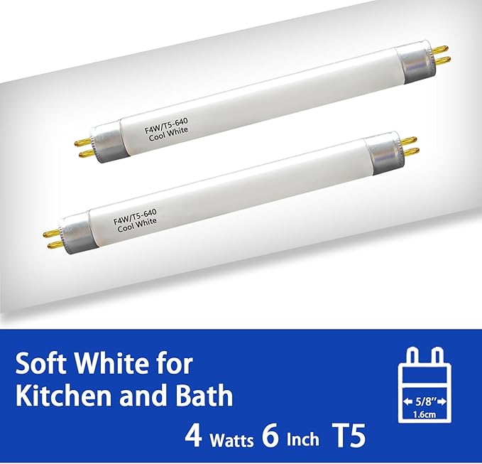 6 Inch F4T5/CW Fluorescent Tube,T5 4W Cool White Under Cabinet Bulb,Compatible for GE,Eiko 15501, Sylvania 20416,Sunlite 05040, Rayovac,Coleman Lantern Bulb,G5 Bi-Pin Base,4100K(4PACK)