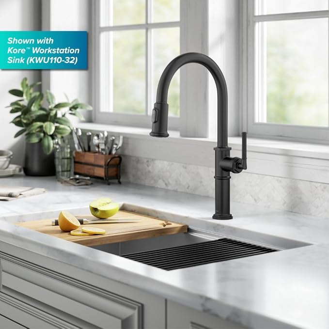 KRAUS Allyn Traditional Industrial Pull-Down Single Handle Kitchen Faucet in Matte Black, KPF-4100MB