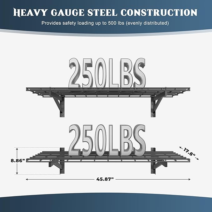 2 Pack Heavy Duty Garage Wall Shelving Set (1.5x4ft), Wall Mounted Garage Shelves 500lbs Capacity, 18"x48" Shelf Storage Rack Floating Shelves, Black