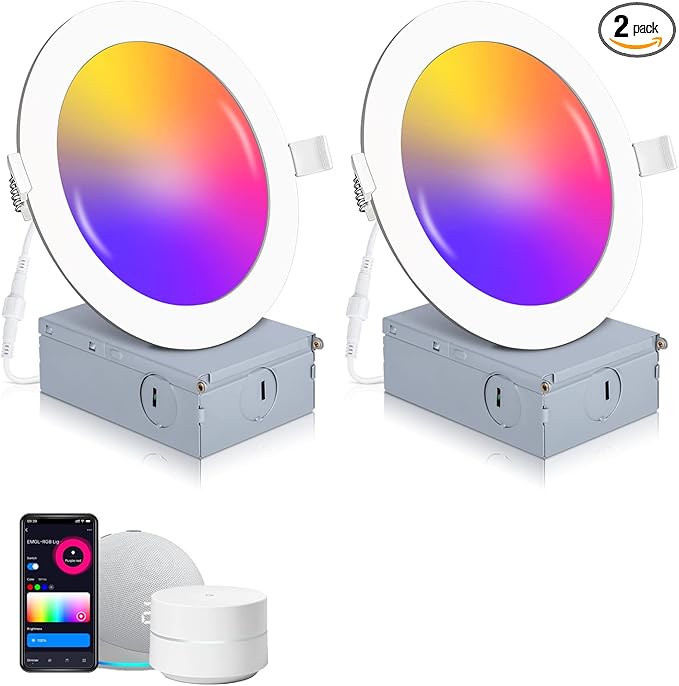 2 Pack Smart Recessed Lighting 6 Inch, Ultra-Thin LED Recessed Lighting 12W 1200LM Smart Downlight with Junction Box, Compatible with Alexa/Google Assistant - ETL and Energy Star