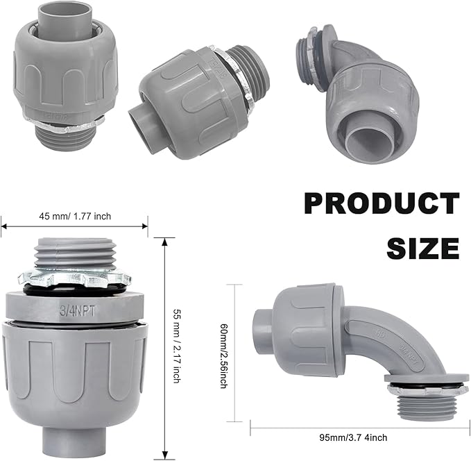 3/4 inch Liquid Tight Connector PVC Flexible Conduit Connector Kit,UL Listed,180 Degree and 90 Degree Connector Fittings 20 Pack(10 Pcs 180D/10 Pcs 90D)