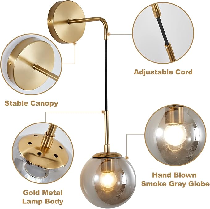 KCO Lighting Modern Glass Globe Wall Sconce Minimalist Gold Wall Mounted Sconce Light with Smoke Grey Lampshade Round Wall Lamp for Bathroom Mirror Bedroom (Smoke Grey-2PC)