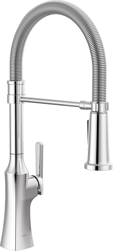 Delta Ermelo Pro Style Commercial Kitchen Faucet with Pull Down Sprayer, Chrome Single Hole Kitchen Sink Faucet, Single Handle, Chrome 18887-DST