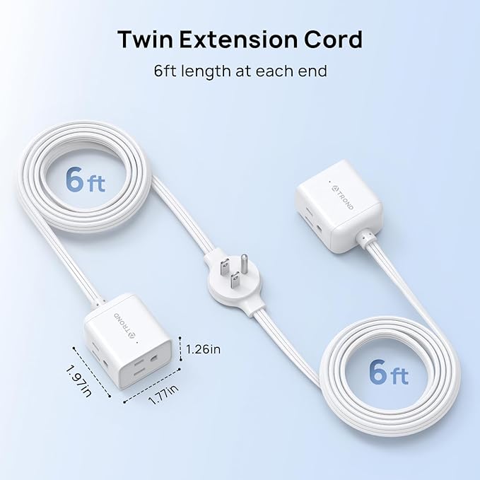 TROND Split Extension Cord Power Strip, Twin 6ft on Each Side, Low-Profile Flat Plug, Dual 3 Grounded Outlet Extender Cubes, 13 Amps, 16 Gauge Wire, for Behind TV Stand Sofa Headboard, Indoor, White