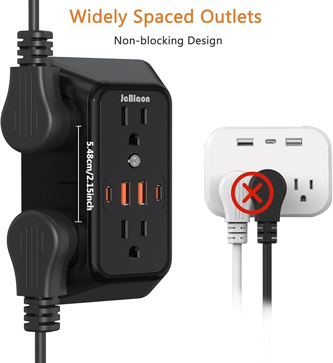 USB Wall Charger Power Strip Surge Protector with 4 USB Ports (2 USB C) Plug Extension Multiple Outlets Plug Extension Multi Outlet Plug in Adapter Spaced Outlets for Home Office Travel,White (Black)
