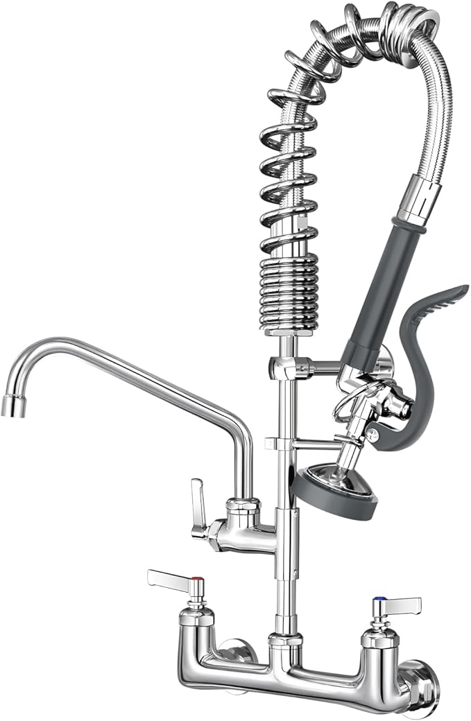 Commercial Faucet with Sprayer 21" Height 8" Center Wall Mount Kitchen Sink Faucet Brass Constructed Polished Chrome Pre-Rinse Device with Coilded Spring and 10" Add-on Spout