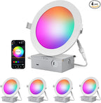 Smart LED Recessed Ceiling Soffit Lights 6 Inch, 12W Canless Recessed Lights with 1080LM and RGB+CCT Colors, Dimmable LED Downlight with Junction Box, 4 Pack