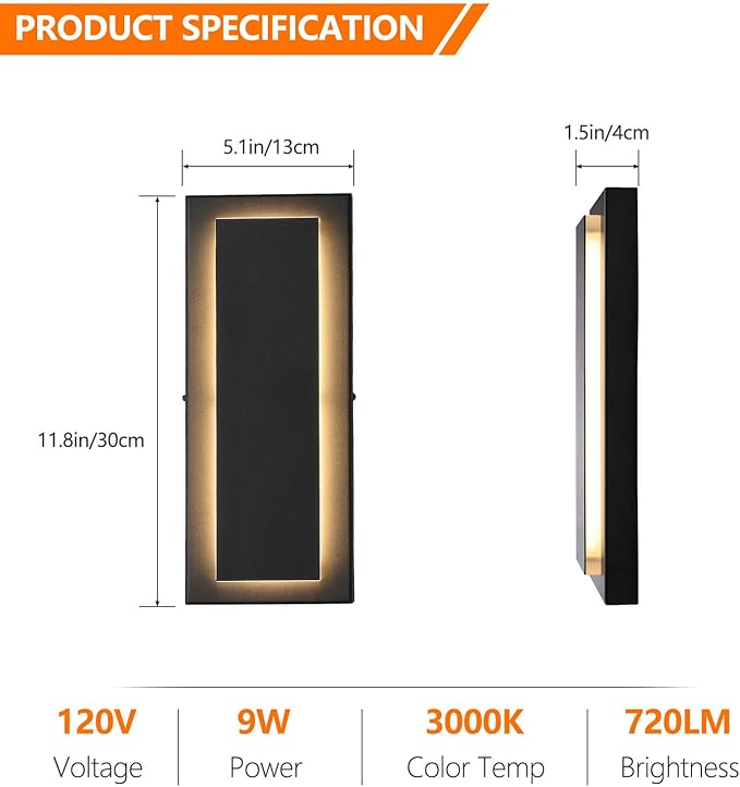 tewei Outdoor Wall Light Fixture & Indoor Wall Sconce Lighting 11.8''Mini Black Modern Rectangular Exterior Wall Sconce, 360° Beam Angle, 3000K Warm White Porch Light for Entrance, Hallway (1 Pack)