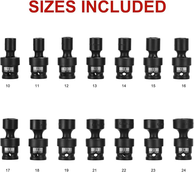AOBEN 18 PCS 1/2" Drive Shallow Universal Impact Socket Set, Swivel Socket with Flexible Wobble, 6 Point, Metric,10-24mm,Cr-V Steel, Includes Extension Bars and Adapter