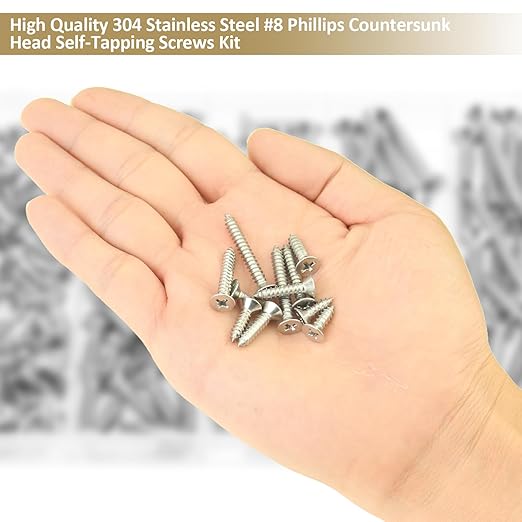 142 Pieces #8 x 1/2" 5/8" 3/4" 1" 1-1/4" Phillips Countersunk Head Self-Tapping Screws, Wood Screws Assortment Kit, 304 Stainless Steel