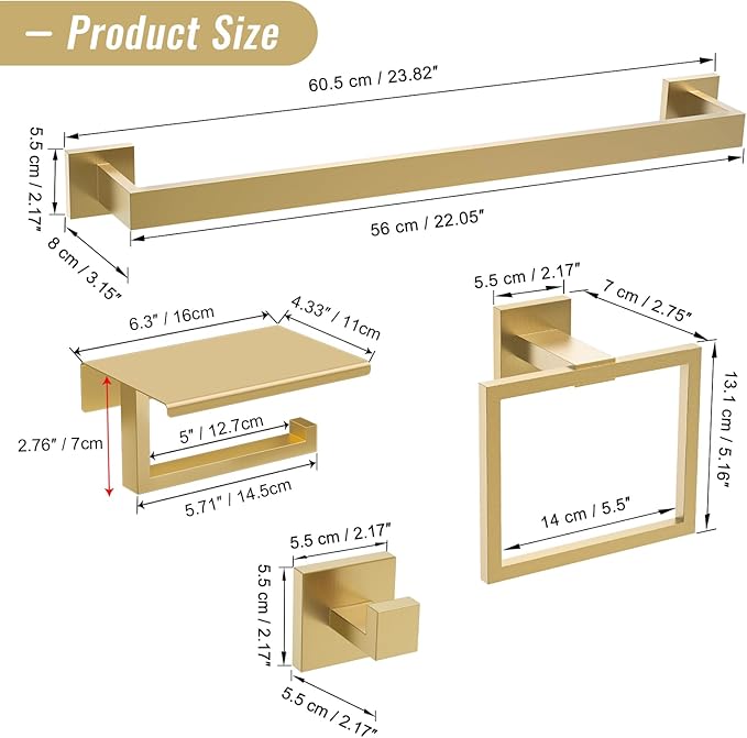 YACVCL Brushed Gold Bathroom Hardware Accessorie Set 23.6 Inch Towel Bar Set 5-Pieces Towel Rack&Holder Set for Bathroom,Upgraded Toilet Paper Holder with Shelf,Stainless Steel Wall-Mounted