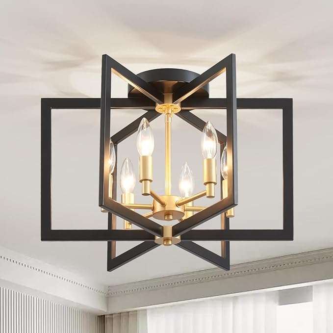 Ceiling 6-Light Black and Gold 20" Modern Geometric Semi Flush Mount Ceiling Lighting Fixture for Kitchen Island Living Room Dining Room Entryway