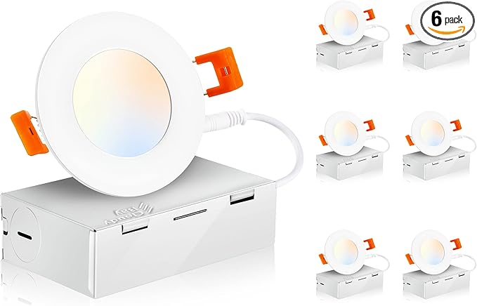 CLOUDY BAY 3 inch 5 Color Ultra Thin LED Recessed Light with Junction Box, Canless Wafer Downlight, IC Rated, 8W CRI90+, 5 Color Temperature Selectable, Illumination Diameter 1-7/8inch,White, 6 Pack