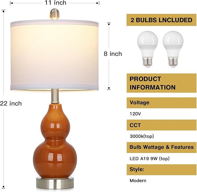 22" Modern Double Gourd Ceramic Table Lamps Set of 2, Red Bedside Lamps for Living Room, Contemporary Nightstand Desk Lamps for Bedroom End Table Home Office Decor(2 LED Bulbs Included)