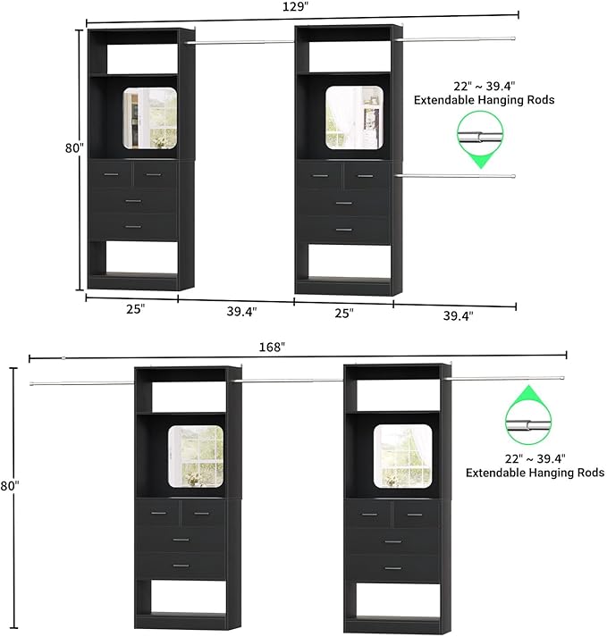 Unikito Closet Systems, 6-14FT Walk in Closet Organizer with 8 Drawers and Mirror, 168" Large Wood Closets Insert with Tower, Sturdy Wardrobe Closets Garment Rack with Extendable Hanging Rods, Black