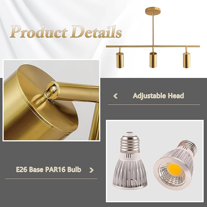 KCO Lighting Linear Pendant Light Ceiling Track Spotlight Gold 3-Light with Rods Adjustable Hanging Lighting Fixture for Dining Room Kitchen
