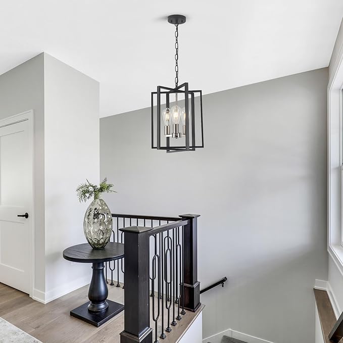 Modern Farmhouse Chandelier for Dining Room, 3 Light Black and Nickel Entryway Light Fixture Adjustable Pendant Lights Kitchen Island Rustic Hanging Chandelier for Foyer Living Room Hallway Bedroom