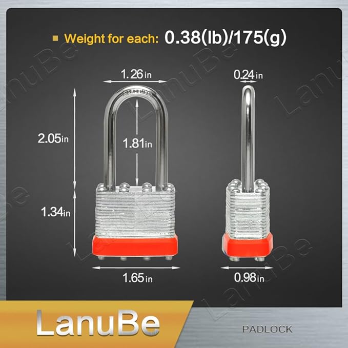 LanuBe Lock Laminated keyed Padlock (1-9/16", 40mm), keyed Alike Locks, Long Shackle,Marked Orange Plastic Hoop, Pack of 120