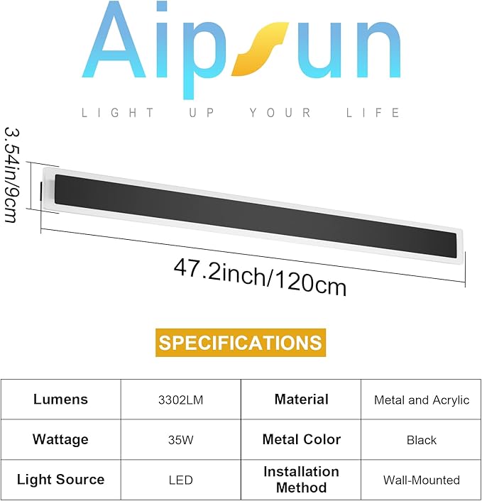 Aipsun Exterior Wall Lights 47.2inch Long Strip Modern Outdoor Wall Sconce, Rectangular Black LED Wall Mount Lighting 3000K for House Porch Corridor(1 Pack)