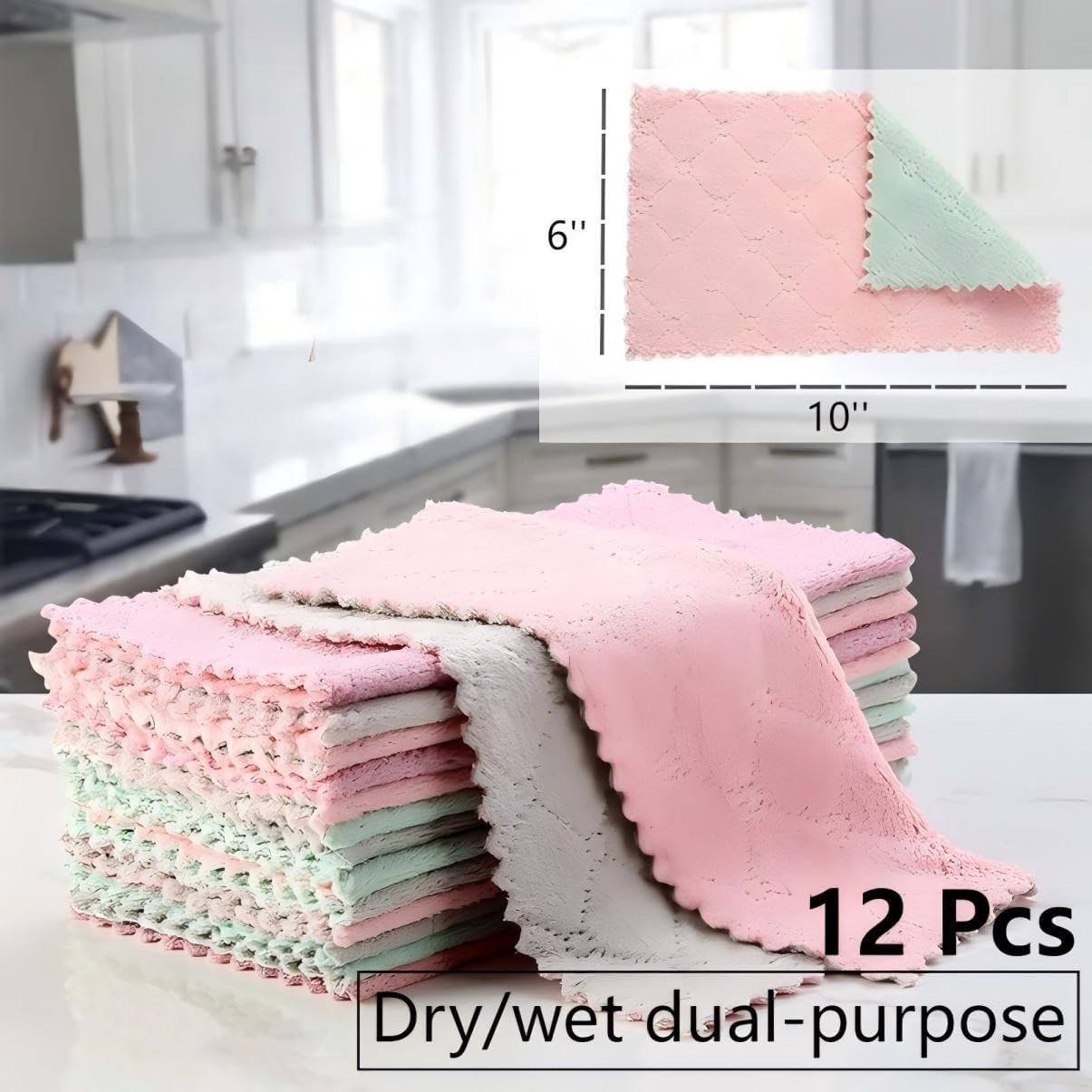 Dual-Purpose Microfiber Cleaning Cloths, 12-Pack, 6x10 inches, Pink and Mint Green, Kitchen and Household Cleaning Towels