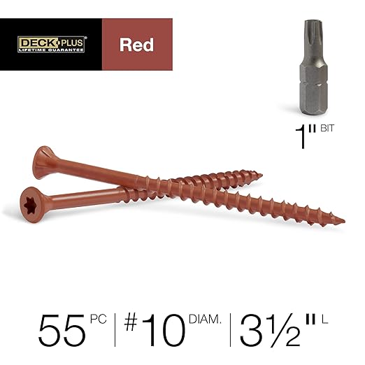 Deck Plus 3-1/2 Inch Epoxy Coated Exterior Wood and Fence Screws #10 x 3-1/2" Torx/Star Drive Included Coarse Thread, Outdoor Rust Resistant Decking Screw, Red, 1lb Box, 55 Pieces | 48435