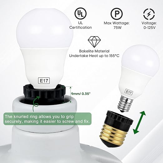 E26 to E17 Light Socket Adapter, Medium Screw E26 to Intermediate E17 Bulb Socket Adapter Converter, UL Listed (Black, 4)