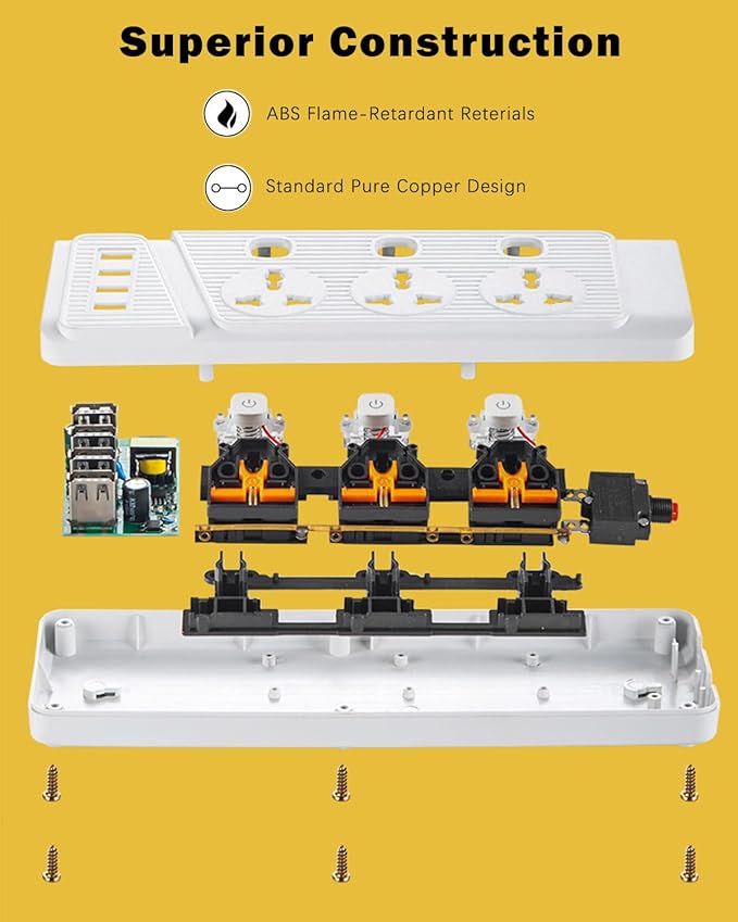 Universal Power Strip with USB C, 3 Outlets 3 USB and 1 USB C Ports, 6.5ft Power Cord, 2500W Circuit Breaker