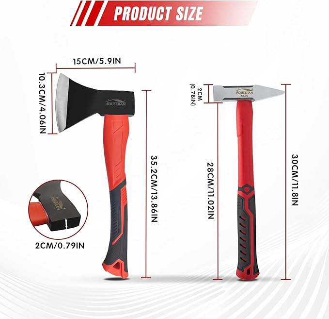 2-Piece Outdoor Axe and Engineer Hammer Set, 13.8" Camping Hatchet with Forged Steel Blade & 400g Cross Peen Hammer, Shock-Absorbing Grip, for Wood Splitting, Bushcraft, DIY, Metalworking