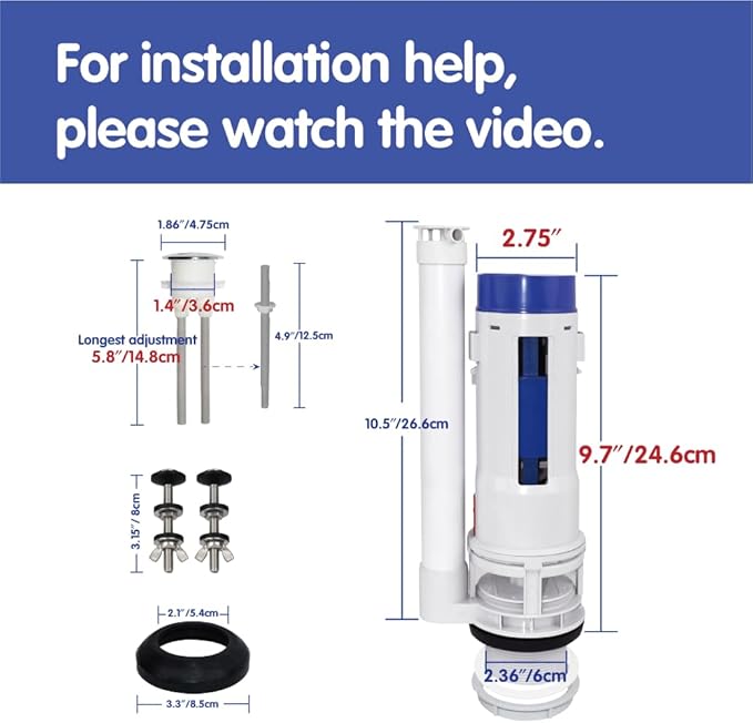 2-Inch Dual Flush Valve Repair Kit for 2-Piece Toilets, Top Push Toilet Repair Kit, Inside Tank Dual Flush Valve Replacement Kit, Includes Valve, Button, Gasket, Bolt