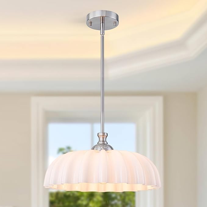 15.7" Vintage Flower Brushed Nickel Chandelier - Adjustable Height White Milk Glass Shades Pendant Light Fixture for Kitchen Island, Dining Room, Bedroom