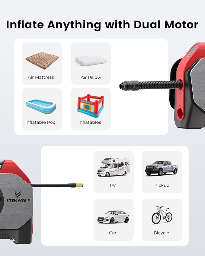 ETENWOLF Vortex S6SE Cordless Tire Inflator Portable Air Compressor, 160 PSI Air Pump for Car Tires with 15600 mAh Battery, 100% Duty Cycle & Dual Cylinder, Air Pump for Heavy-Duty Vehicle, Red