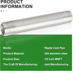 TAISHER 2Pcs Stainless Steel Pipe Fittings, 1/2" NPT x 1/2" NPT Male Threaded, 6" Length Nipple Cast Pipe