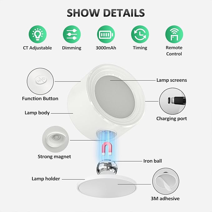 LED Wall Lights, Wall Lamp 3 Color Temperatures & Dimmable Magnetic 360° Rotation with Remote, Wall Sconces 2 Pcs with 3000mAh Rechargeable Battery, Cordless Wall Light for Reading Bedside Hallway