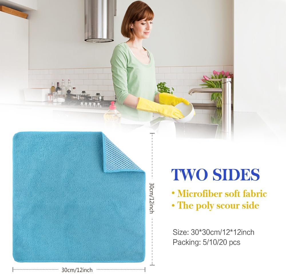 SINLAND Microfiber Dish Cloth for Washing Dishes Towels Rags Best Kitchen Washcloth Cleaning Cloths with Poly Scour Side -Used for Plates, Bowls and Dishes, 5 Color Assorted 12inchx12inch 10pack