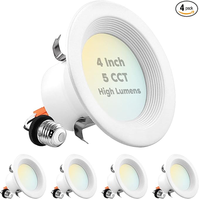 LUXRITE 4 Inch LED Recessed Can Lights, 14W=75W, 5 Color Options 2700K-5000K, 950 Lumens, Dimmable LED Retrofit Kit, Wet Rated, IC Rated, Recessed Ceiling Lights, ETL Listed, Baffle Trim (4 Pack)