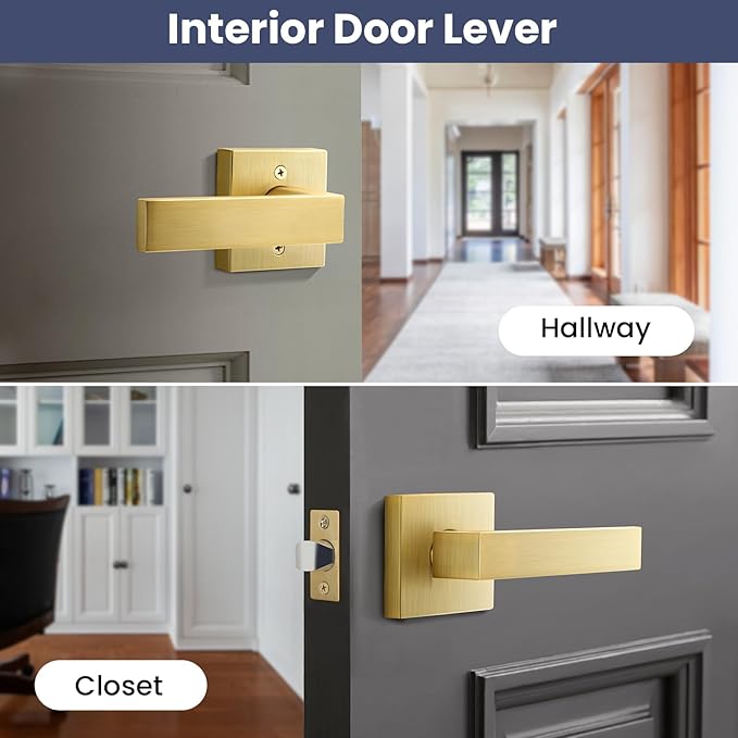 EHOMEWARE 5 Pack Hallway Closets Passage Door Levers, Modern Gold Door Handles Keyless Non-Locking, Heavy Duty Lockset Right or Left Handed Levers