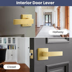 EHOMEWARE 8 Pack Keyless Interior Door Handles Closet Door Handle in Satin Brass Finish, Passage Door Lever for Hallway and Closet, Passage Door Handle Sets