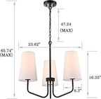 3-Light Black Metal Chandelier with Fabric Shade Adjustable Height Pendant Light for Kithchen,Hallway,Dining Room,Kitchen,Bar