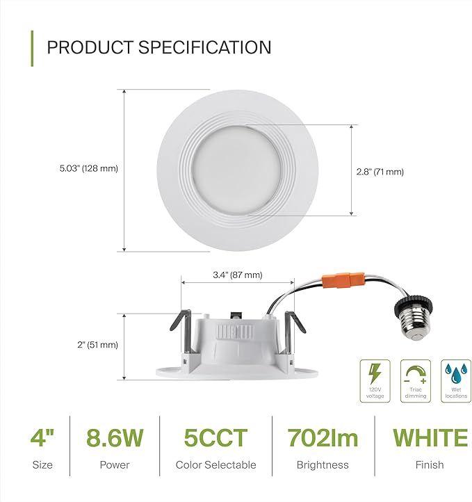 ASD Retrofit LED Recessed Lighting 4 Inch | 9W 700 Lm Wet Rated Dimmable Ceiling Downlights | 2700K-5000K Adjustable CRI90 White Room Recessed Light Fixtures | LED Can Lights, UL Listed