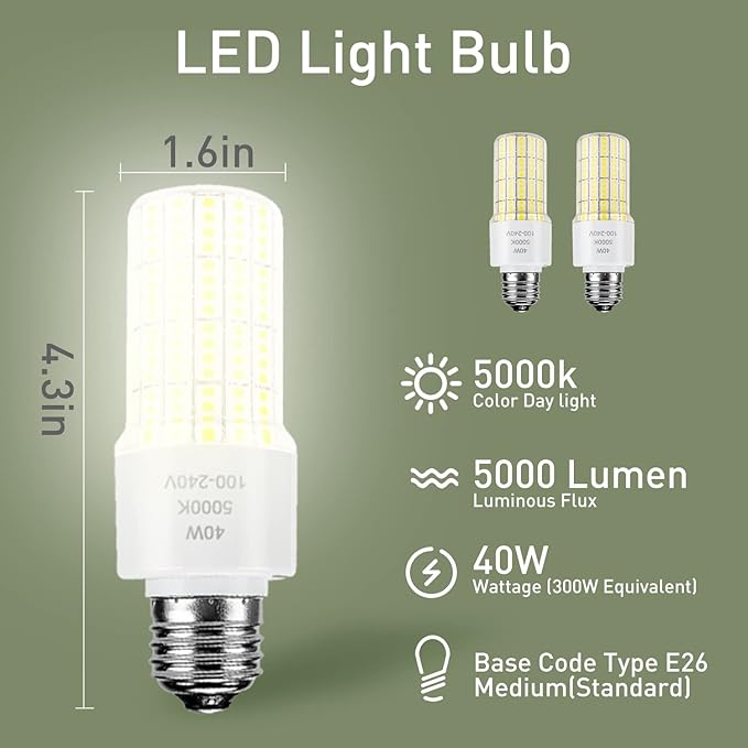 2 Pack 40W Led Light Bulb(300W Equivalent) 5000 Lumens 5000K Daylight White Led Bulbs E26/E27 Medium Base for Indoor Outdoor Street Office Warehouse Workshop Garage Backyard