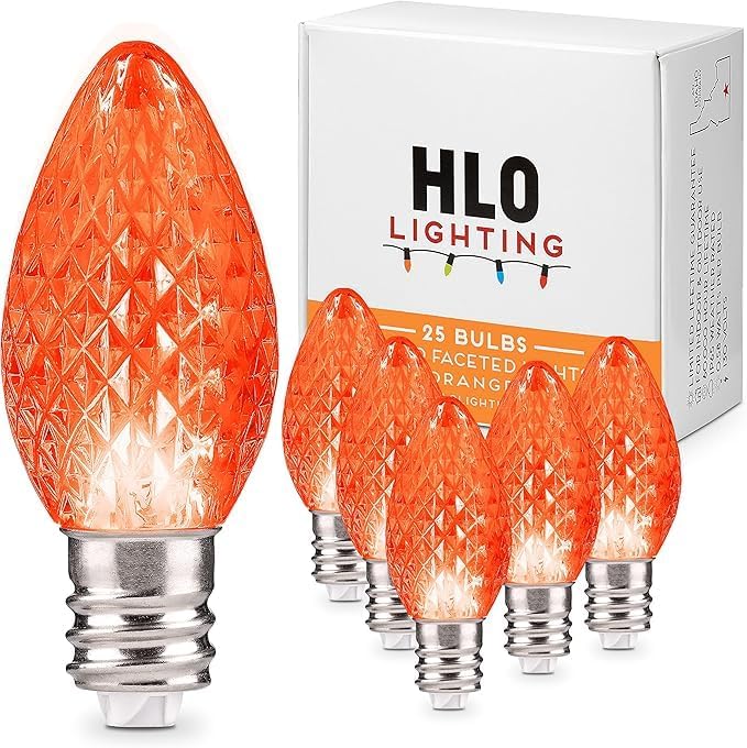 Holiday Lighting Outlet Faceted C7 Christmas Lights | Orange LED Light Bulbs Holiday Decoration | Warm Christmas Decor for Indoor & Outdoor Use | 2 SMD LEDs in Each Light Bulb | Set of 25