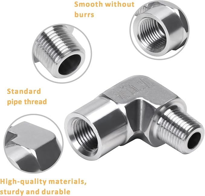 90 Degree Street Elbow - 1/8" NPT Male to 1/8" NPT Female Stainless Steel 304 Heavy Duty Forged Barstock Street Elbow Adapter Pipe Fitting (pack of 2)