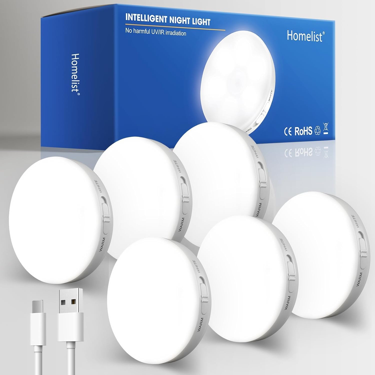 Homelist 6 Pack Motion Sensor Light Indoor, Rechargeable Puck Lights, Wireless Battery Operated Night Light for Closet, Hallway, Stairs, Kitchen with 2 Color Temperatures