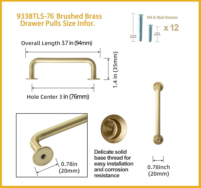 Goo-Ki 6 Pack Brushed Brass Cabinet Handle Drawer Pulls, 3 Inch(76mm) c-c Solid Zinc Alloy Modern Bar Pull Kitchen Hardware for Closet Dresser Wardrobe Cupboard Furniture