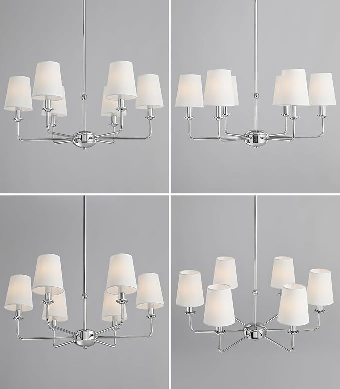 Modern 6 Light Chrome Chandelier with White Fabric Shades Elegant Ceiling Light,Farmhouse & Industrial Pendant Chandelier for Dining Room Living Room Bedroom,E12 Base